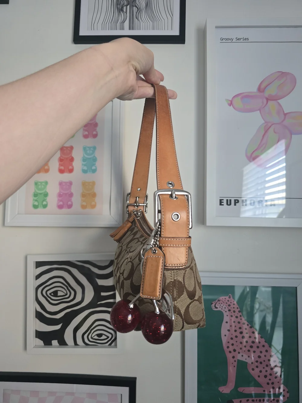 Coach East West Signature Baguette Y2k Shoulder Bag W/Cherry Charm